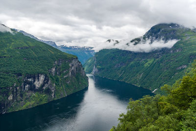 Scenic view of river amidst mountains against sky