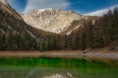 Scenic view of lake and mountains against sky