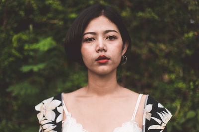 Portrait of young woman standing against plants