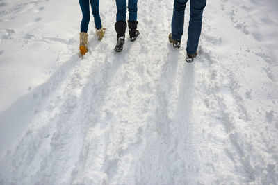 Low section of people walking on snow