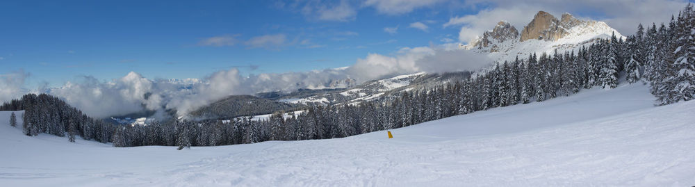 Panoramic view of snow covered mountains against sky