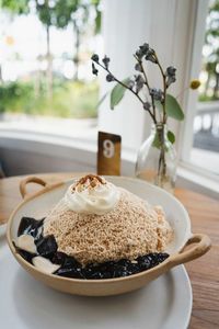 Close-up of dessert served on table