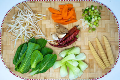 High angle view of chopped vegetables on cutting board