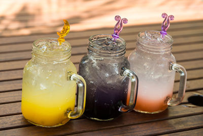 Close-up of drink in glass jar on table