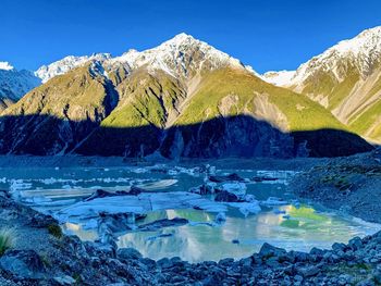 Landscape photo of snowcapped mt cook and its reflection in different color layers in new zealand