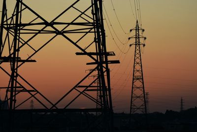 Low angle view of electricity pylon at sunset