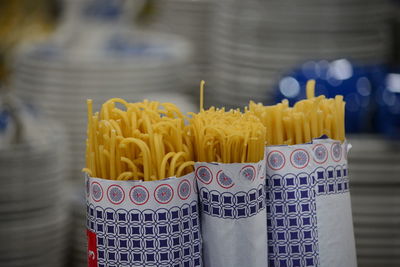 Close-up of spaghetti in packages