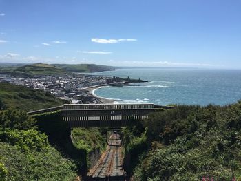 Bridge over railroad tracks against sea