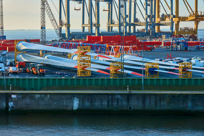 Bremerhaven, germany, january 16., 2020,wind turbine blades waiting in the port for export