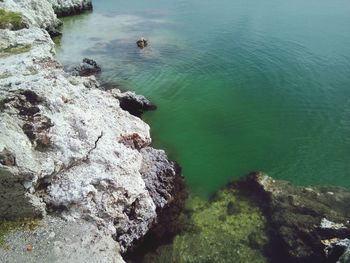 High angle view of sea by rocks