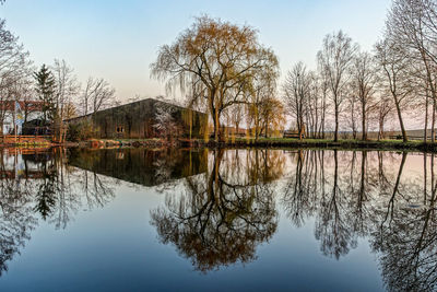 Reflection of trees in lake against sky