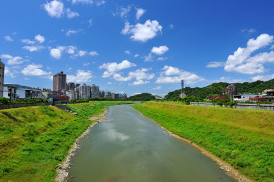 View of river passing through city