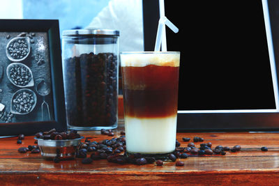 Close-up of coffee served on table