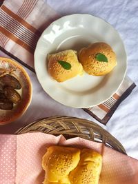 High angle view of breakfast served on table