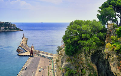 High angle view of plants and sea against sky