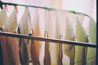 High angle view of towels drying on rack at home