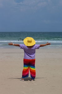 Rear view of siblings on beach against sky