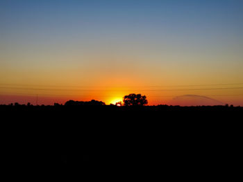 Silhouette trees on field against orange sky