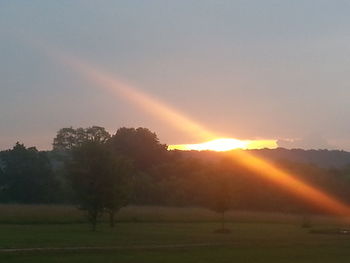 Scenic view of grassy field at sunset