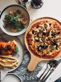 High angle view of pizza served on table