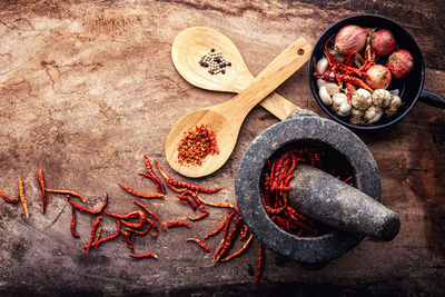 Directly above shot of chili pepper on table