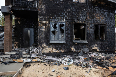 Houses that burned down after being hit by rockets, mines. irpin, bucha, gostomel.