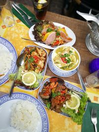 High angle view of food served on table