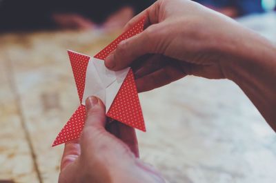 Close-up of hand holding red leaf