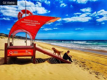 People sitting on beach by sea against sky