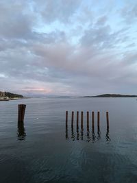 Wooden posts in sea against sky