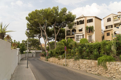 Road by trees and buildings against sky