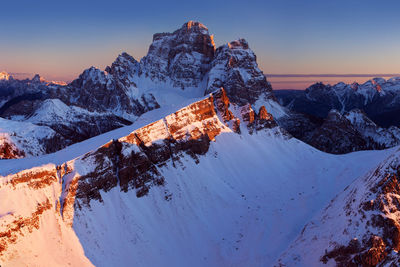 Scenic view of snow covered mountains against sky during sunset