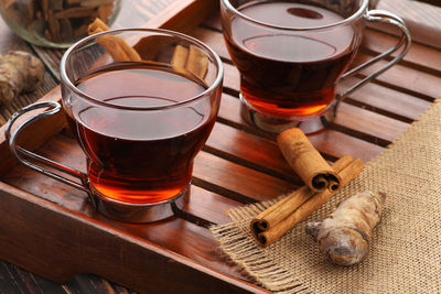 High angle view of tea cups on table