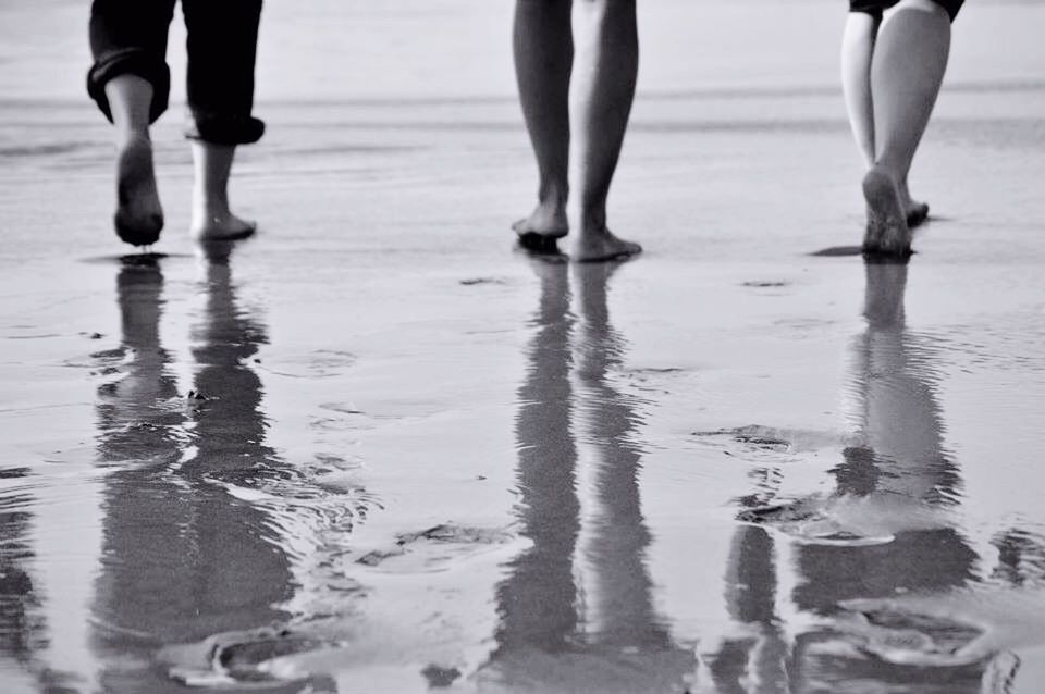 low section, person, water, lifestyles, walking, men, leisure activity, standing, human foot, beach, reflection, sea, wet, togetherness