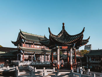 View of temple building against clear blue sky