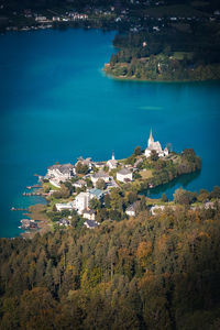 Aerial view of town by lake