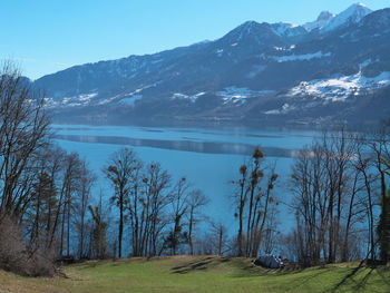 Scenic view of lake and mountains against sky