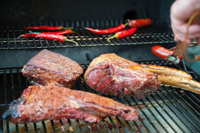 Close-up of meat on barbecue grill