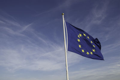 Low angle view of eu  flag against blue sky