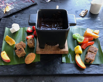 High angle view of breakfast on table