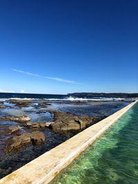 Scenic view of sea against clear blue sky