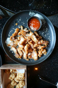 High angle view of breakfast served on table