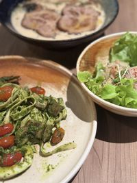 High angle view of food in plate on table