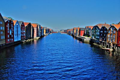 Panoramic view of buildings against clear blue sky