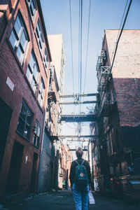 Full length rear view of man in city against sky