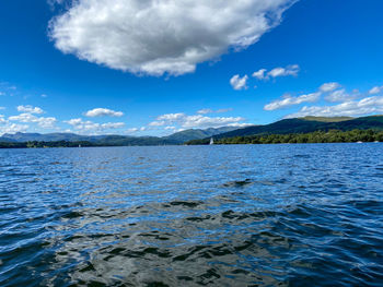 Scenic view of water against blue sky and clouds