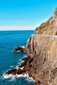 Scenic view of sea against clear blue sky