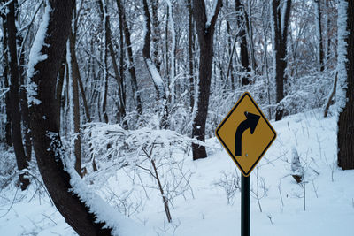 Road sign on snow covered land