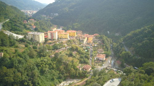 High angle view of townscape amidst trees and buildings