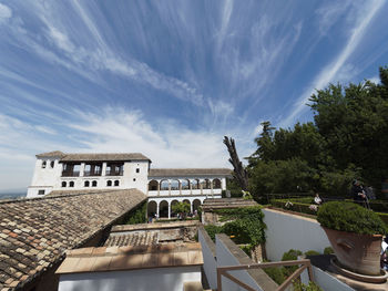 Houses by swimming pool against sky